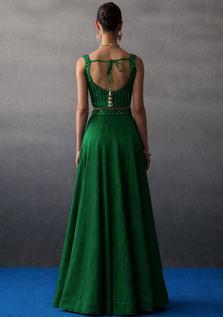 Bottle Green Crepe Handwork Lehenga Set - Indya