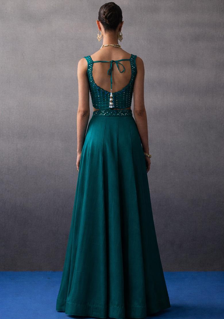 Teal Blue Crepe Handwork Lehenga Set - Indya