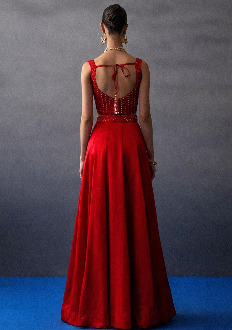 Red Crepe Handwork Lehenga Set - Indya