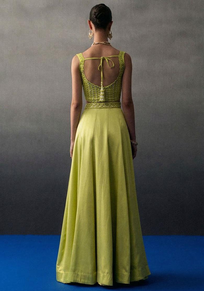 Olive Green Crepe Handwork Lehenga Set - Indya