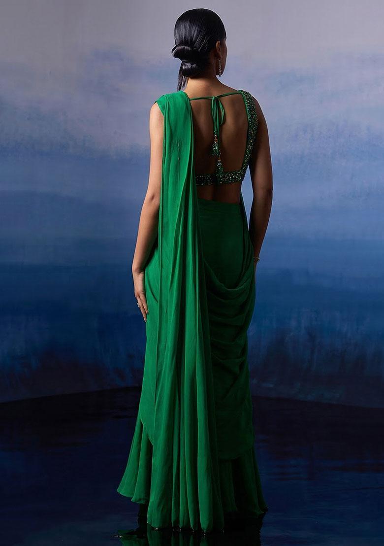 Bottle Green Georgette Handwork Pre Draped Saree Set - Indya