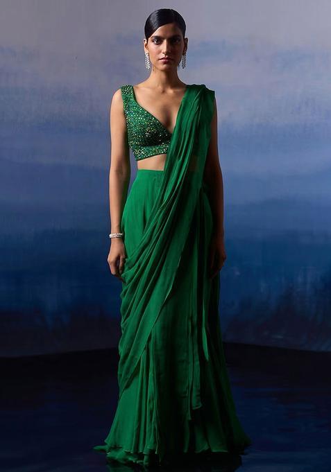 Bottle Green Georgette Handwork Pre Draped Saree Set