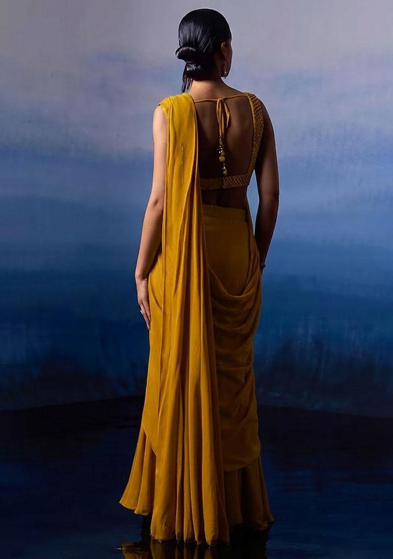 Yellow Georgette Handwork Pre Draped Saree Set - Indya