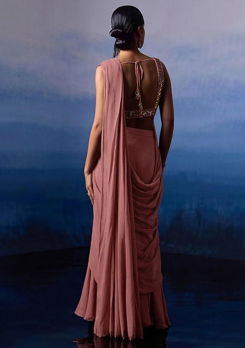 Dusty Pink Georgette Handwork Pre Draped Saree Set - Indya