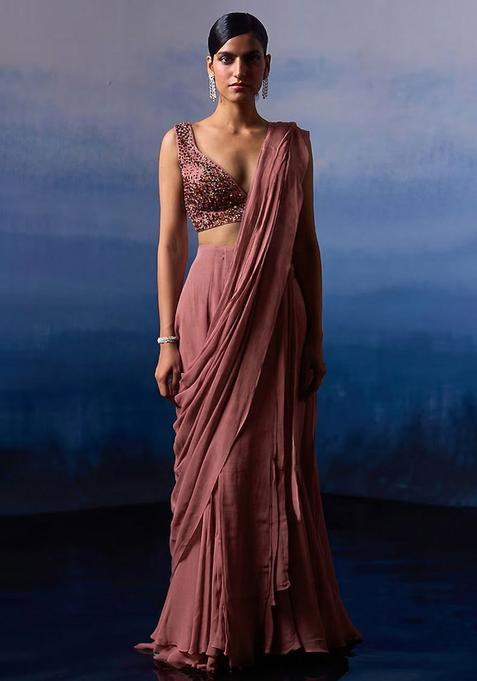 Dusty Pink Georgette Handwork Pre Draped Saree Set