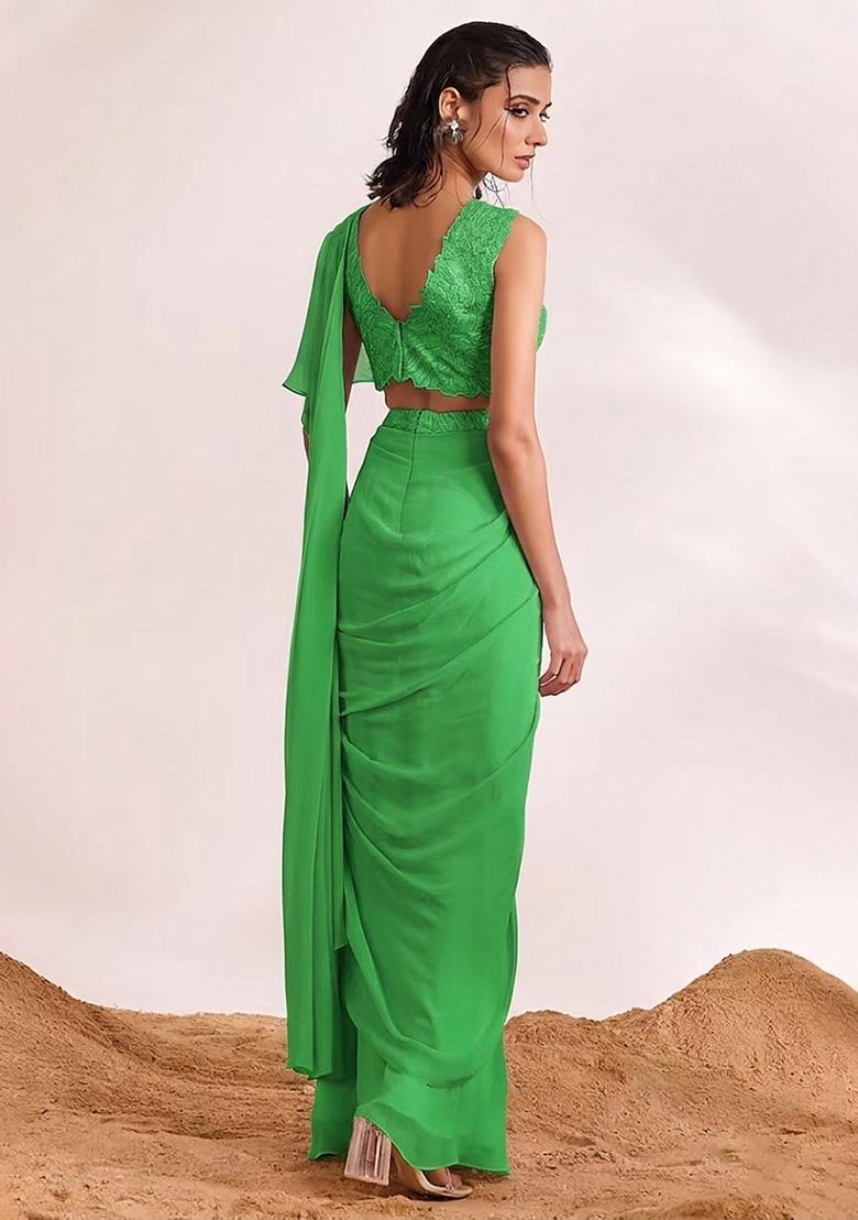 Light Green Georgette Handwork Pre Draped Saree Set - Indya