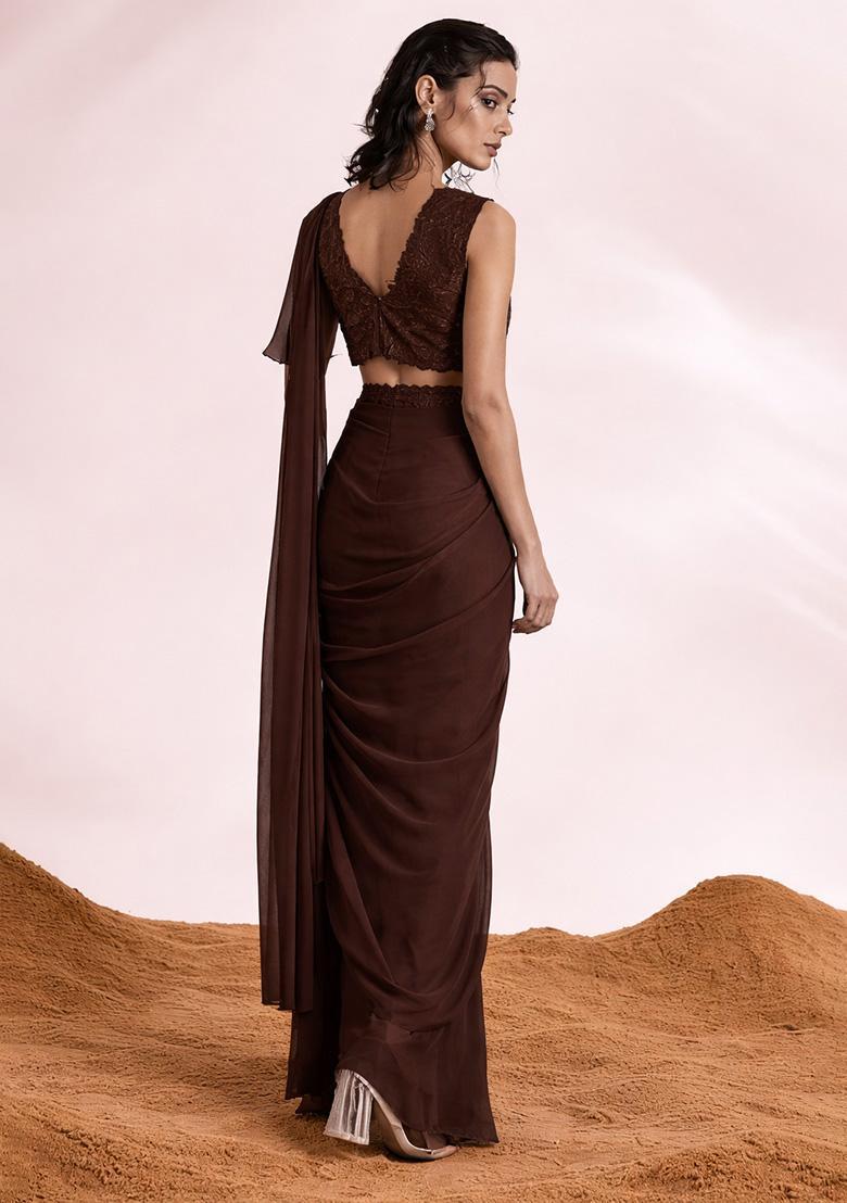 Brown Georgette Handwork Pre Draped Saree Set - Indya