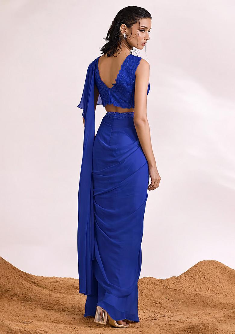 Royal Blue Georgette Handwork Pre Draped Saree Set - Indya