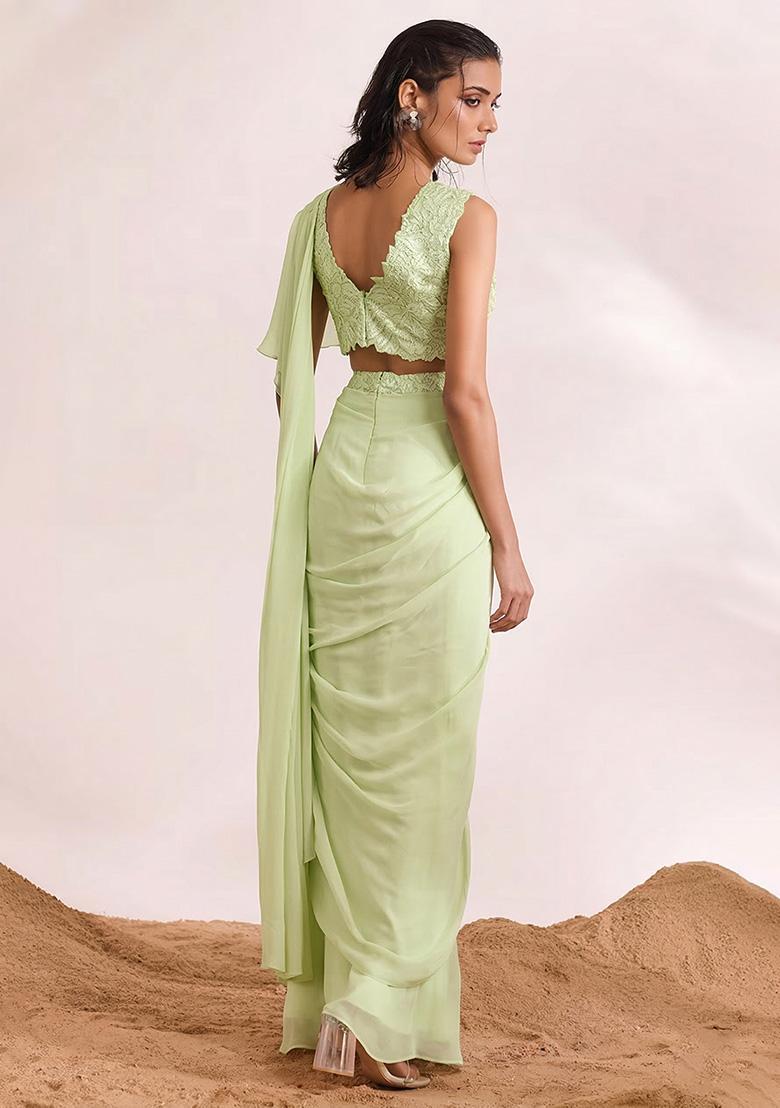 Mint Green Georgette Handwork Pre Draped Saree Set - Indya