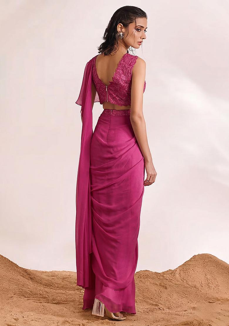 Rani Pink Georgette Handwork Pre Draped Saree Set - Indya