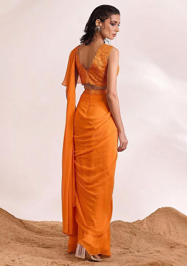 Orange Georgette Handwork Pre Draped Saree Set - Indya