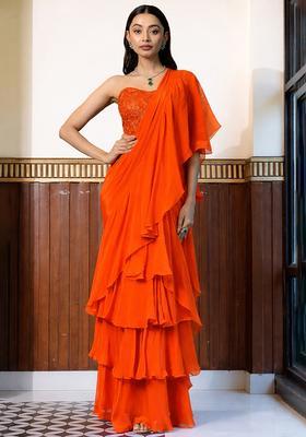 Bright Orange Crepe Handwork Pre Draped Saree Set