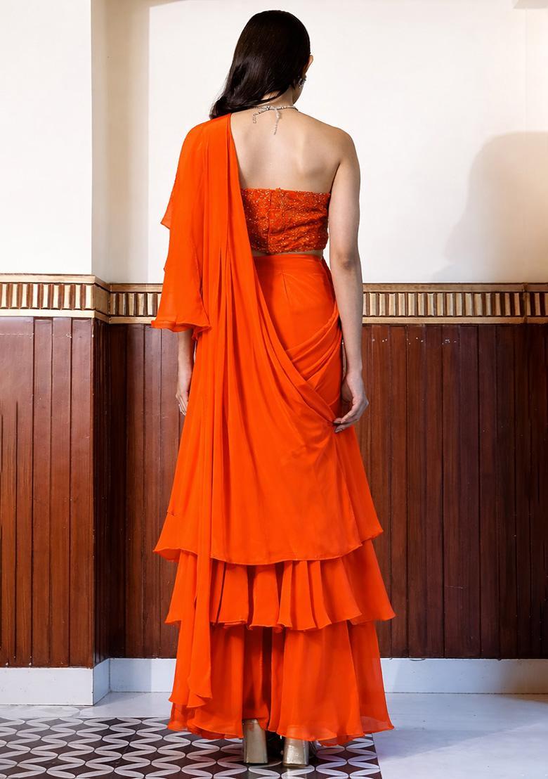 Bright Orange Crepe Handwork Pre Draped Saree Set - Indya