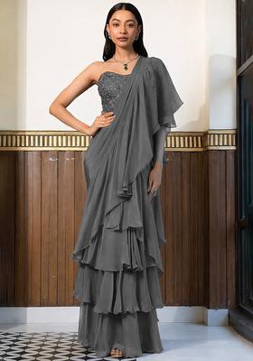 Grey Crepe Handwork Pre Draped Saree Set