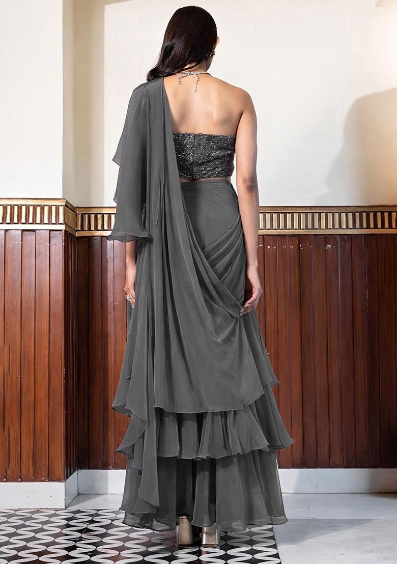 Grey Crepe Handwork Pre Draped Saree Set - Indya