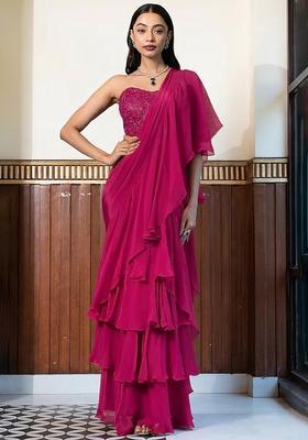 Rani Pink Crepe Handwork Pre Draped Saree Set
