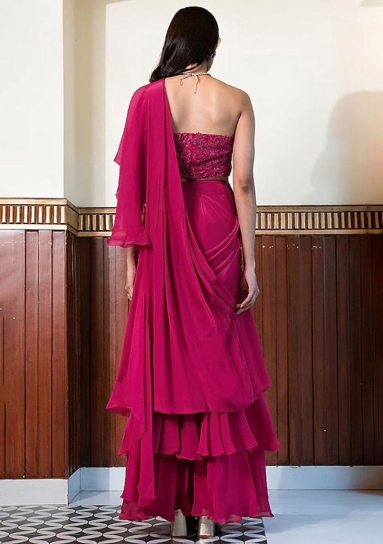 Rani Pink Crepe Handwork Pre Draped Saree Set - Indya