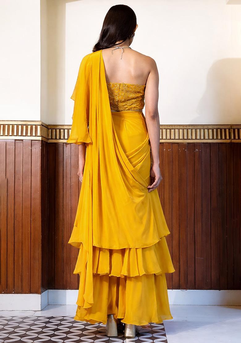 Yellow Crepe Handwork Pre Draped Saree Set - Indya