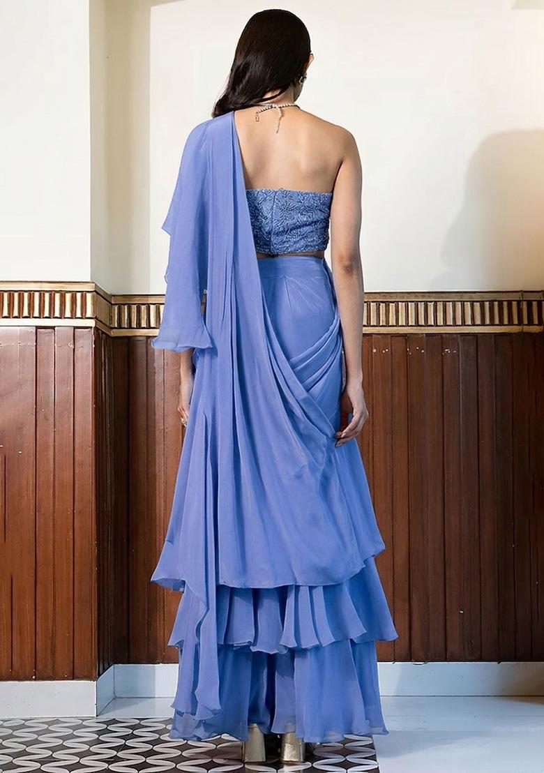 Lavender Blue Crepe Handwork Pre Draped Saree Set - Indya