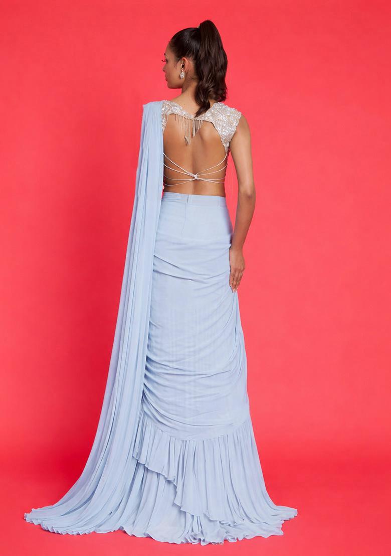 Powder Blue Crepe Handwork Pre Draped Saree Set - Indya