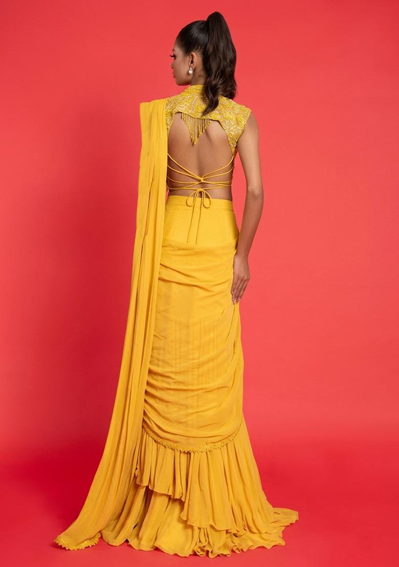 Yellow Crepe Handwork Pre Draped Saree Set - Indya