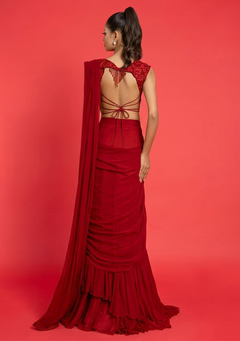 Red Crepe Handwork Pre Draped Saree Set - Indya