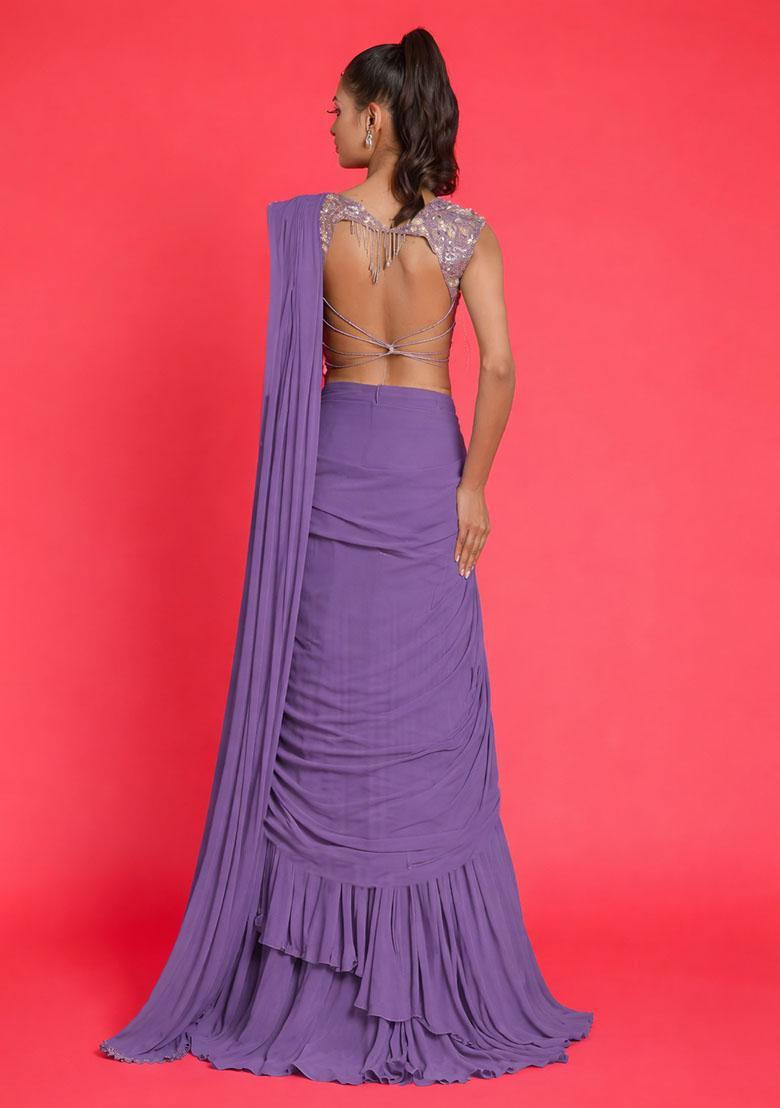 Purple Crepe Handwork Pre Draped Saree Set - Indya