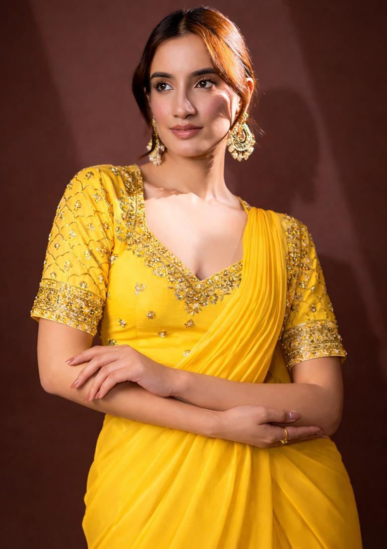 Mustard Crepe Handwork Pre Draped Saree Set - Indya