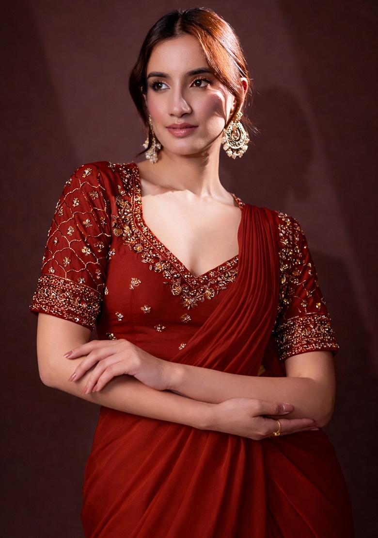 Deep Red Crepe Handwork Pre Draped Saree Set - Indya