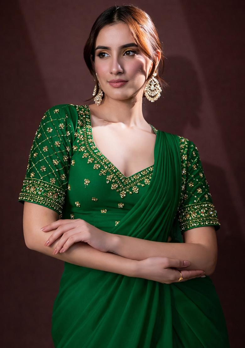 Bottle Green Crepe Handwork Pre Draped Saree Set - Indya