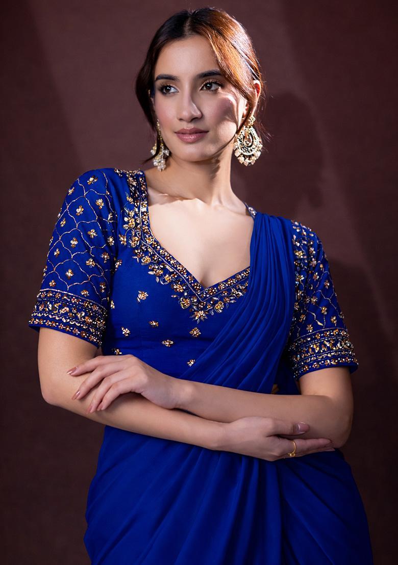 Royal Blue Crepe Handwork Pre Draped Saree Set - Indya