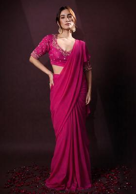 Rani Pink Crepe Handwork Pre Draped Saree Set