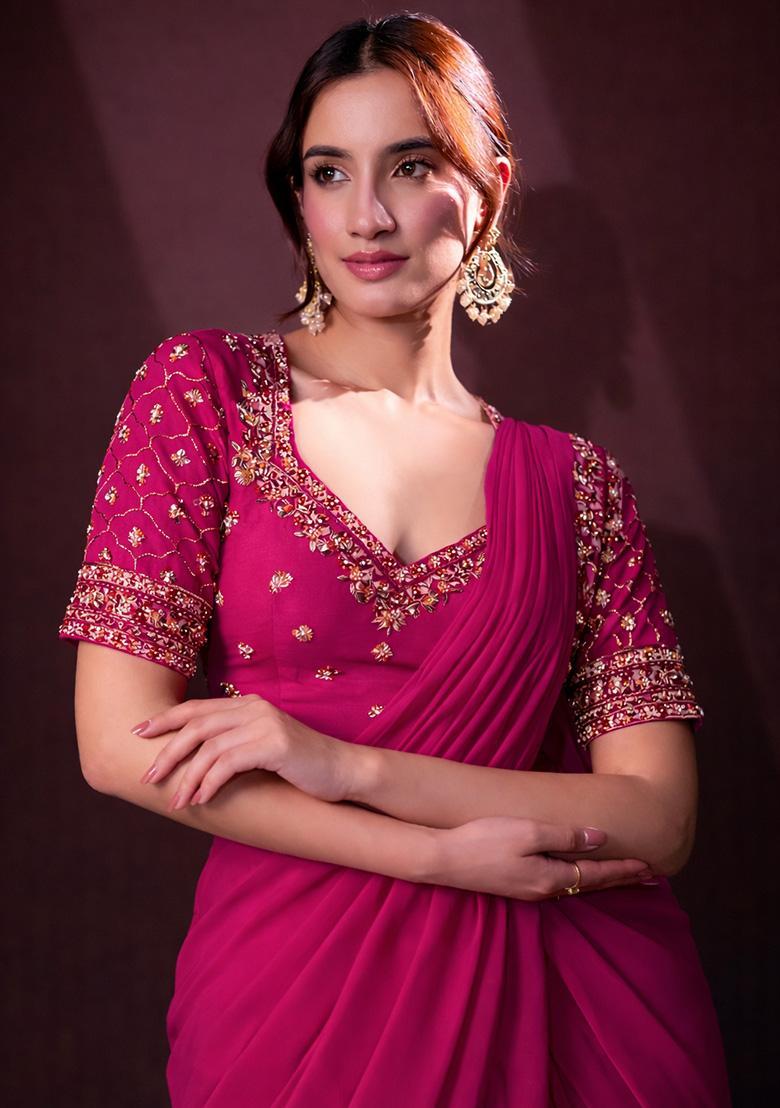 Rani Pink Crepe Handwork Pre Draped Saree Set - Indya