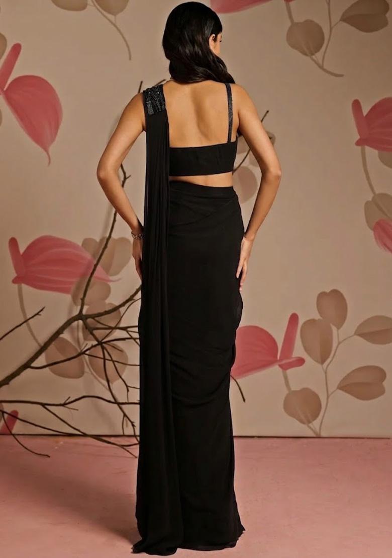 Black Georgette Handwork Pre Draped Saree Set - Indya