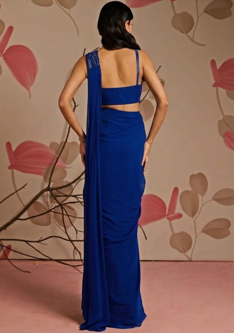 Navy Blue Georgette Handwork Pre Draped Saree Set - Indya