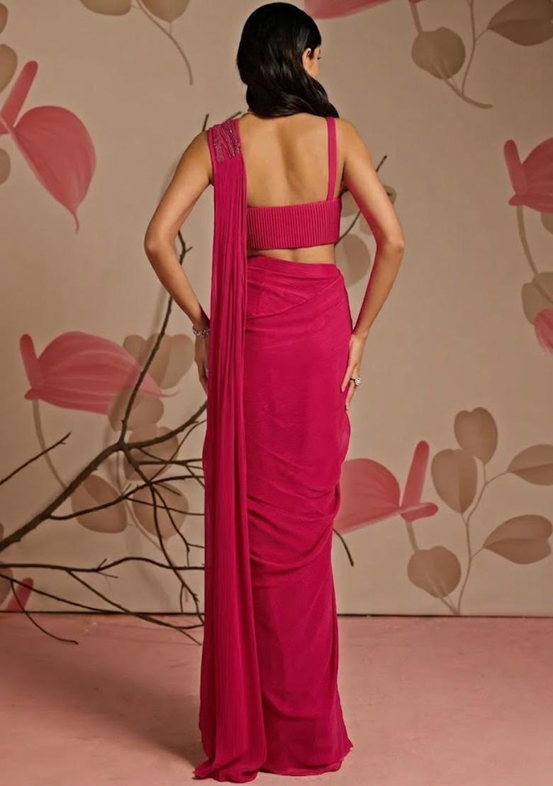 Hot Pink Georgette Handwork Pre Draped Saree Set - Indya