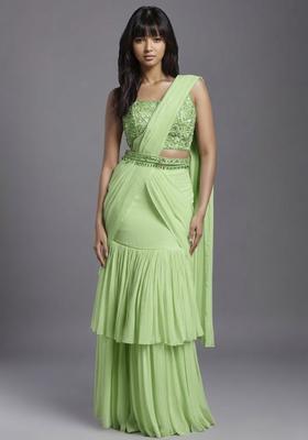 Pastel Green Georgette Handwork Pre Draped Saree Set