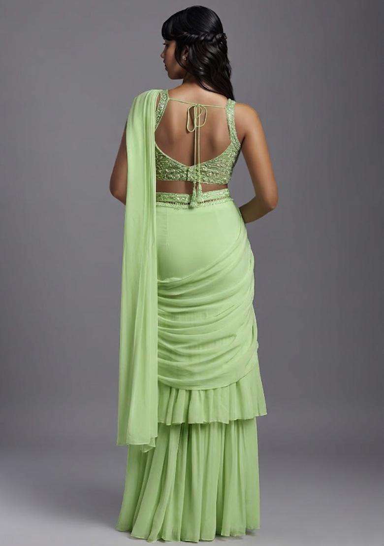 Pastel Green Georgette Handwork Pre Draped Saree Set - Indya