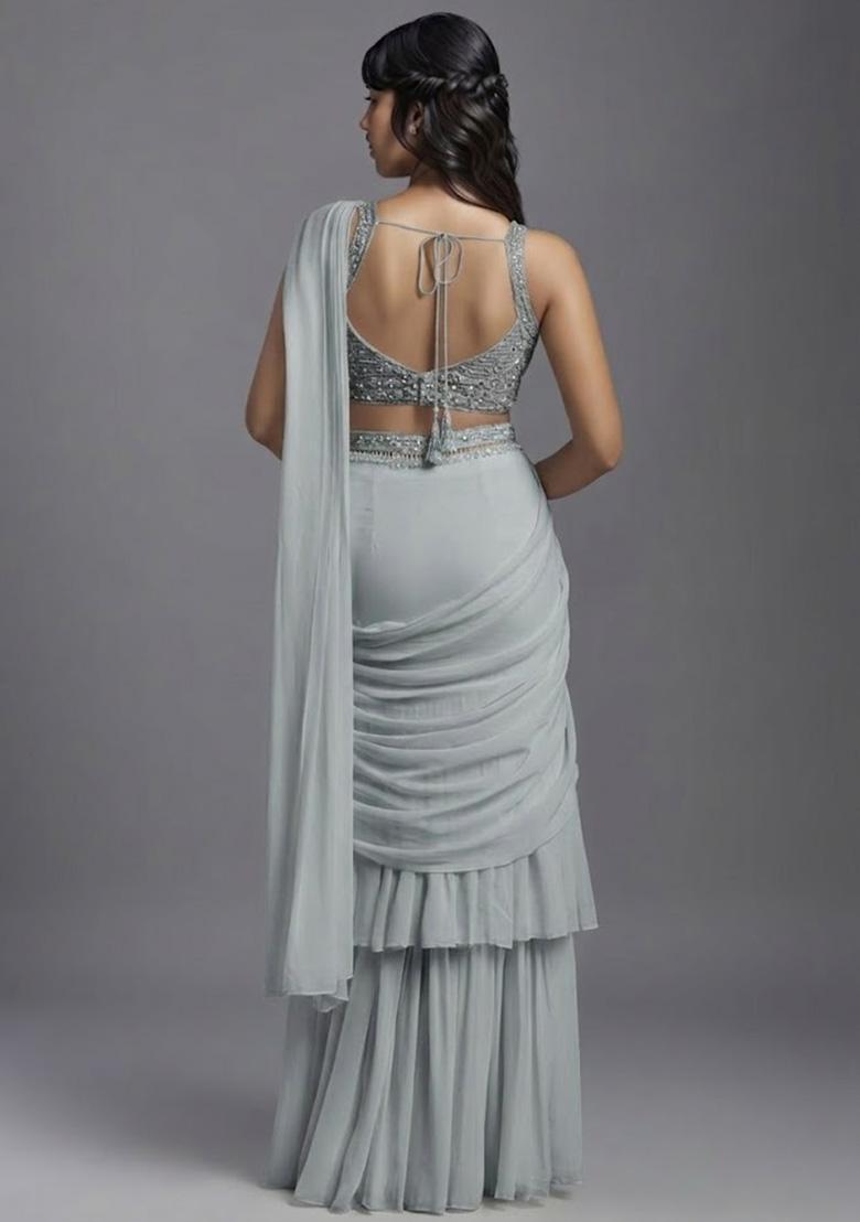 Grey Georgette Handwork Pre Draped Saree Set - Indya