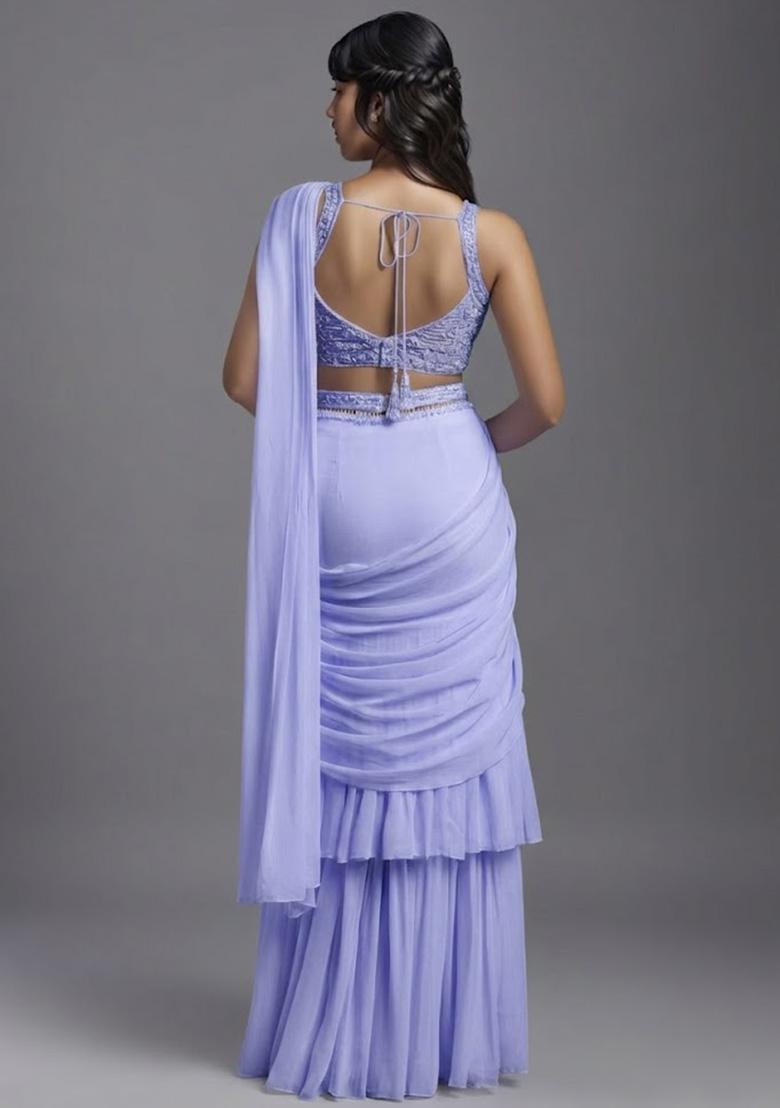 Lilac Georgette Handwork Pre Draped Saree Set - Indya
