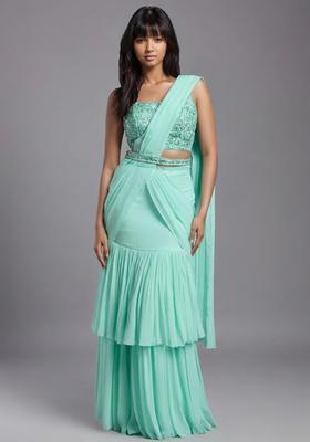 Mint Green Georgette Handwork Pre Draped Saree Set