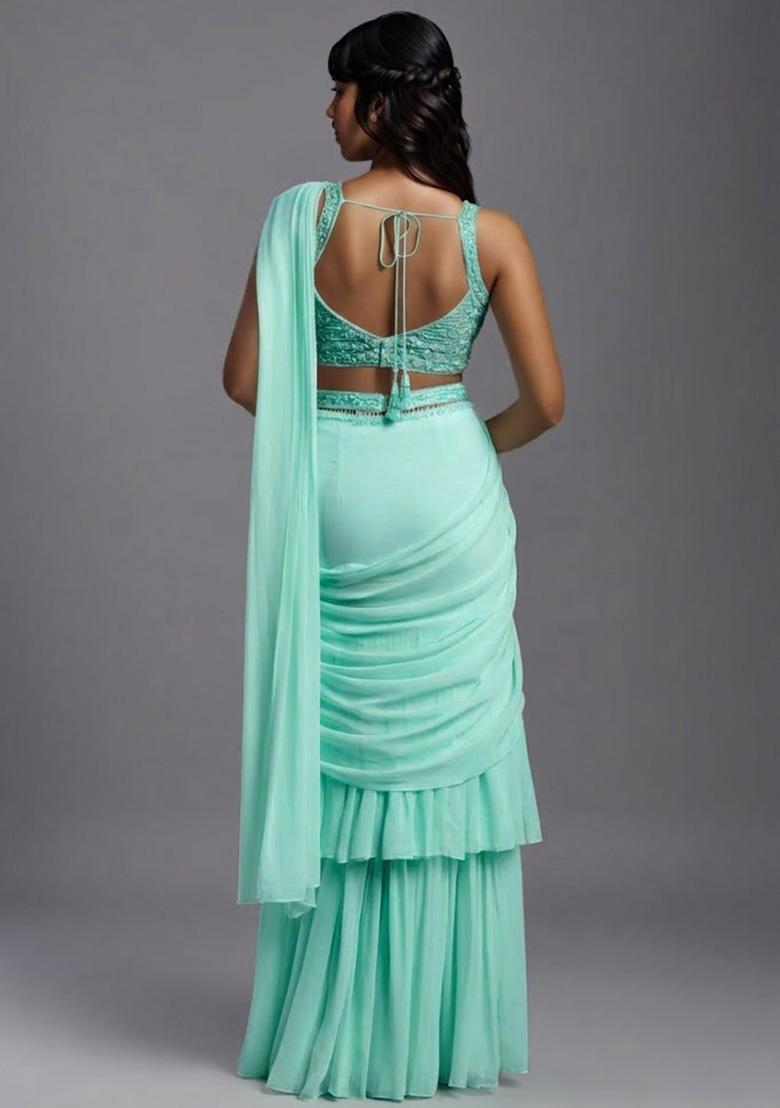 Mint Green Georgette Handwork Pre Draped Saree Set - Indya