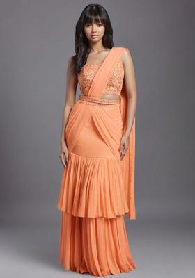 Peach Georgette Handwork Pre Draped Saree Set