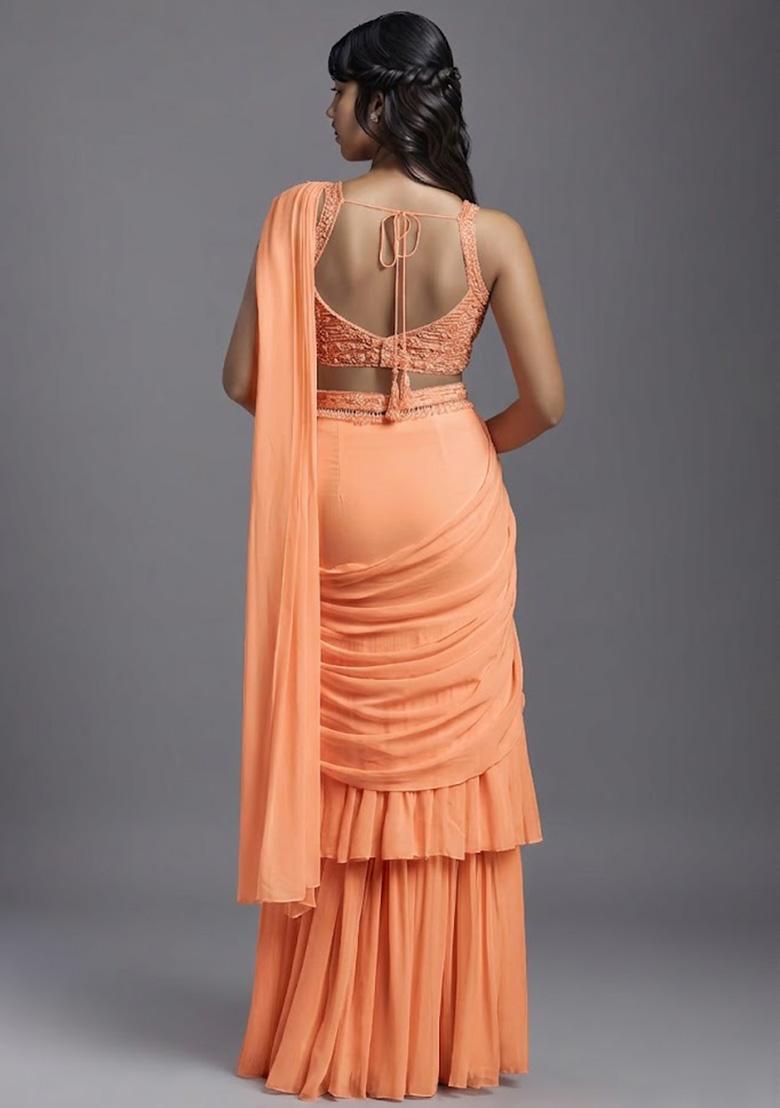 Peach Georgette Handwork Pre Draped Saree Set - Indya