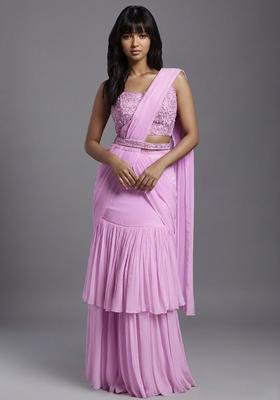 Pink Georgette Handwork Pre Draped Saree Set