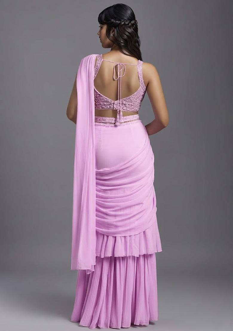 Pink Georgette Handwork Pre Draped Saree Set - Indya