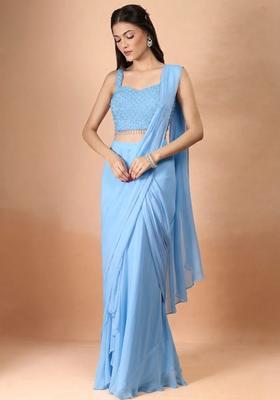 Pastel Blue Georgette Handwork Pre Draped Saree Set