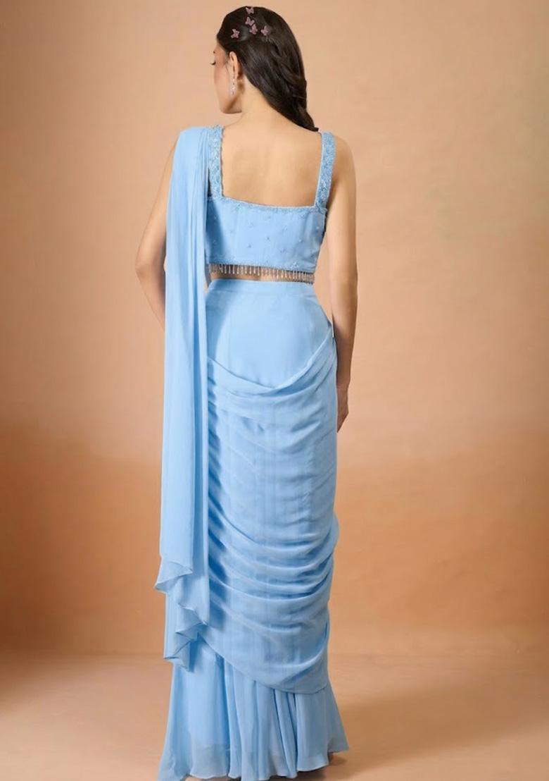 Pastel Blue Georgette Handwork Pre Draped Saree Set - Indya