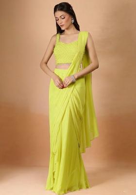 Lime Green Georgette Handwork Pre Draped Saree Set