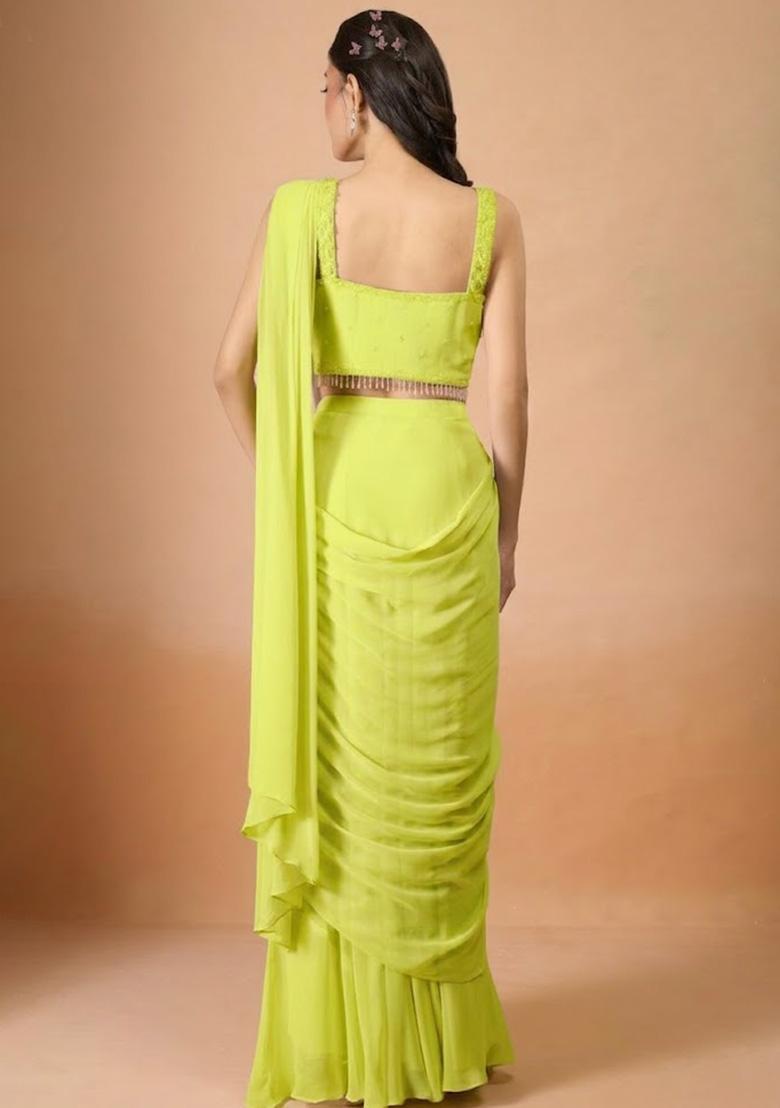 Lime Green Georgette Handwork Pre Draped Saree Set - Indya